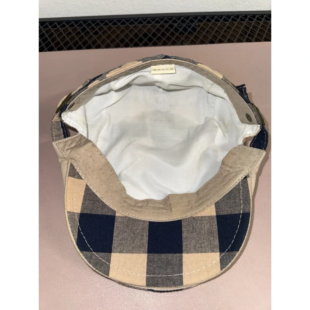 Blue Cream Plaid Newsboy Flat Cap Adjustable Cotton Ivy Driving Hat Unisex‎